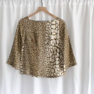 J Crew 100% Silk Green and Cream Giraffe Spot Print Blouse 0